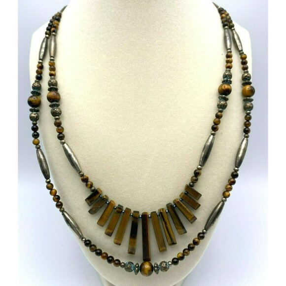 Vintage Tigers Eye & Silver Double Strand Beaded Hand Crafted Statement Necklace